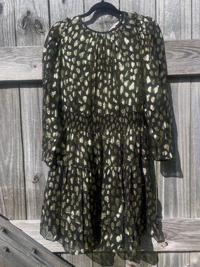 Rebecca Taylor Black Midi Dress with Gold Metallic Spot Print